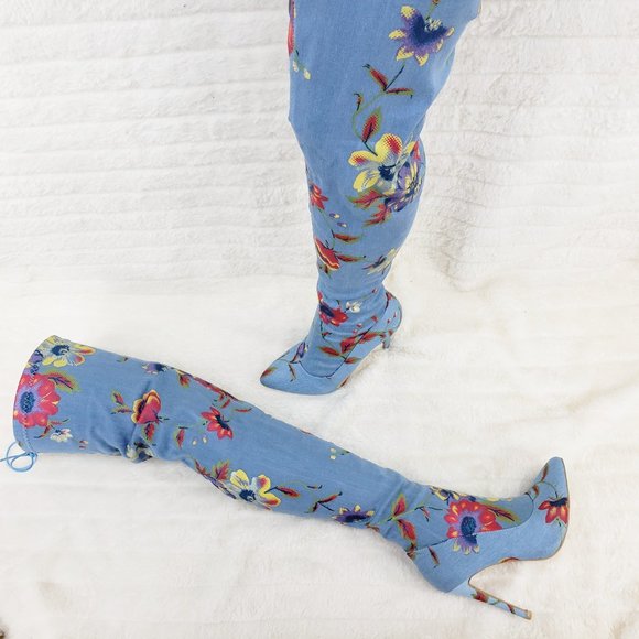 Stretch Floral Print Denim Draw String Top high heel thigh boots - Picture 9 of 11